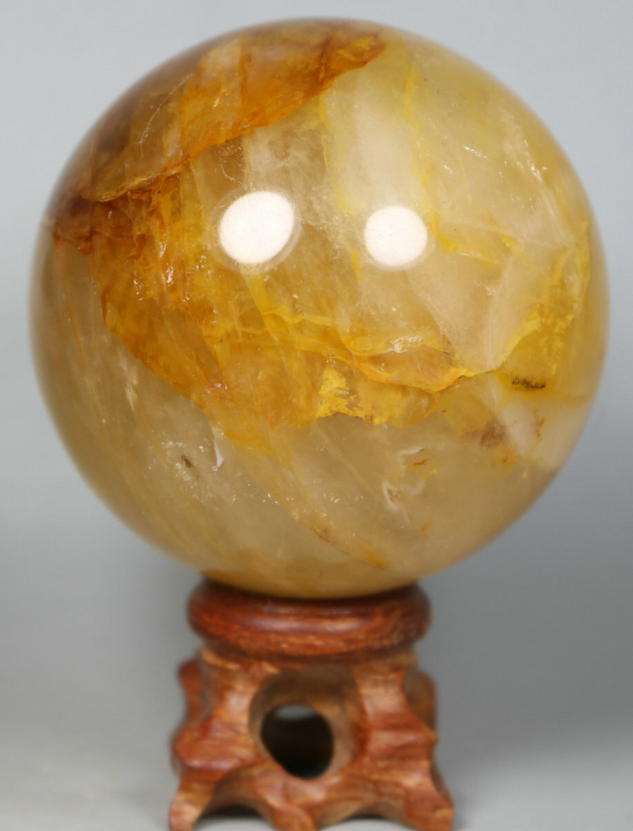 NATURAL Yellow PHANTOM MULTI-INCLUSIONS Quartz Crystal Stone Sphere Ball / Stand