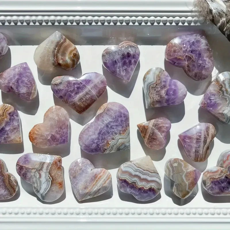 Mexican Amethyst Crazy Lace Agate Heart Palm Stone Healing Crysatl Decor Gifts
