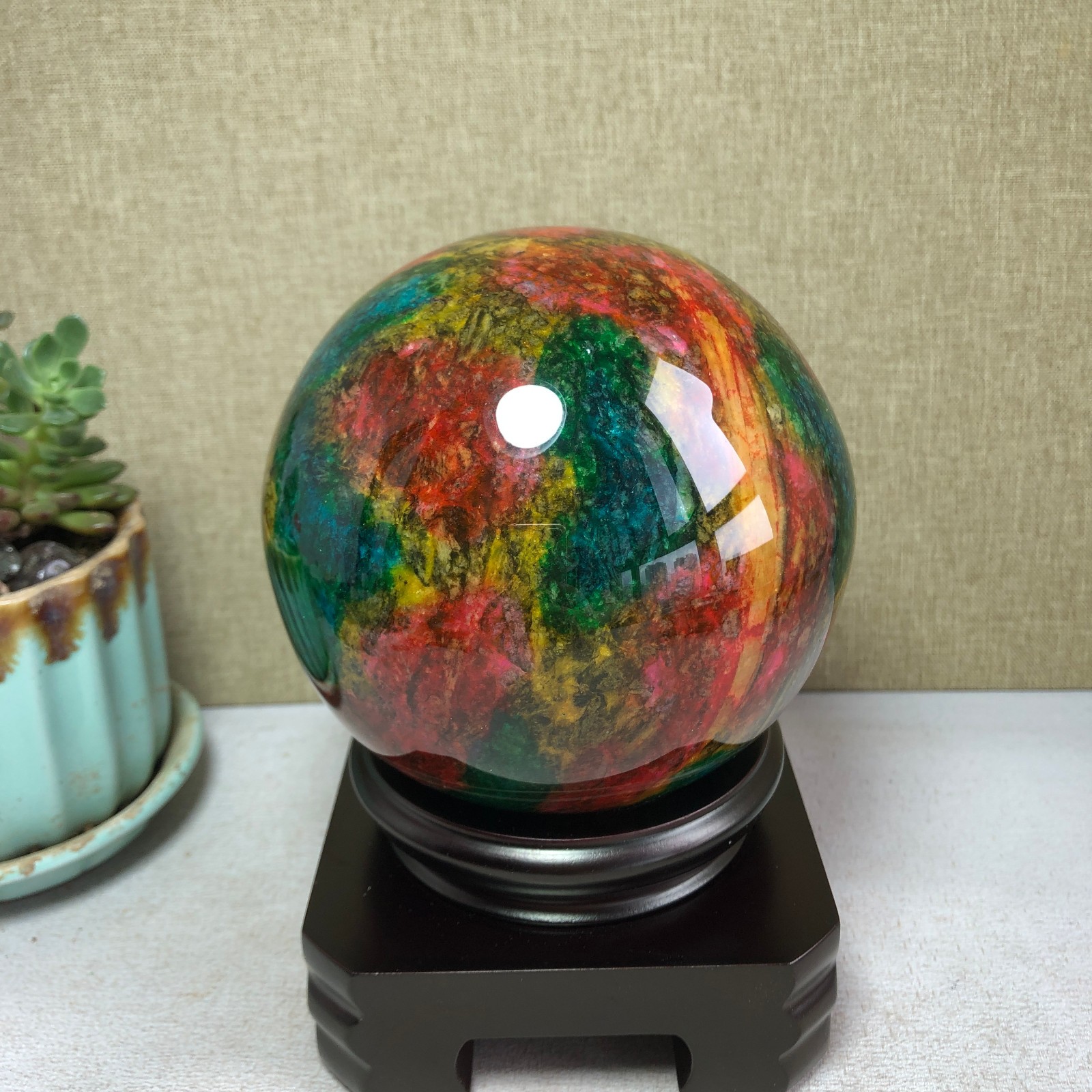 Natural “Seven Colors Jade” sphere flat bottom specimen Taiwan China 99mm A4580