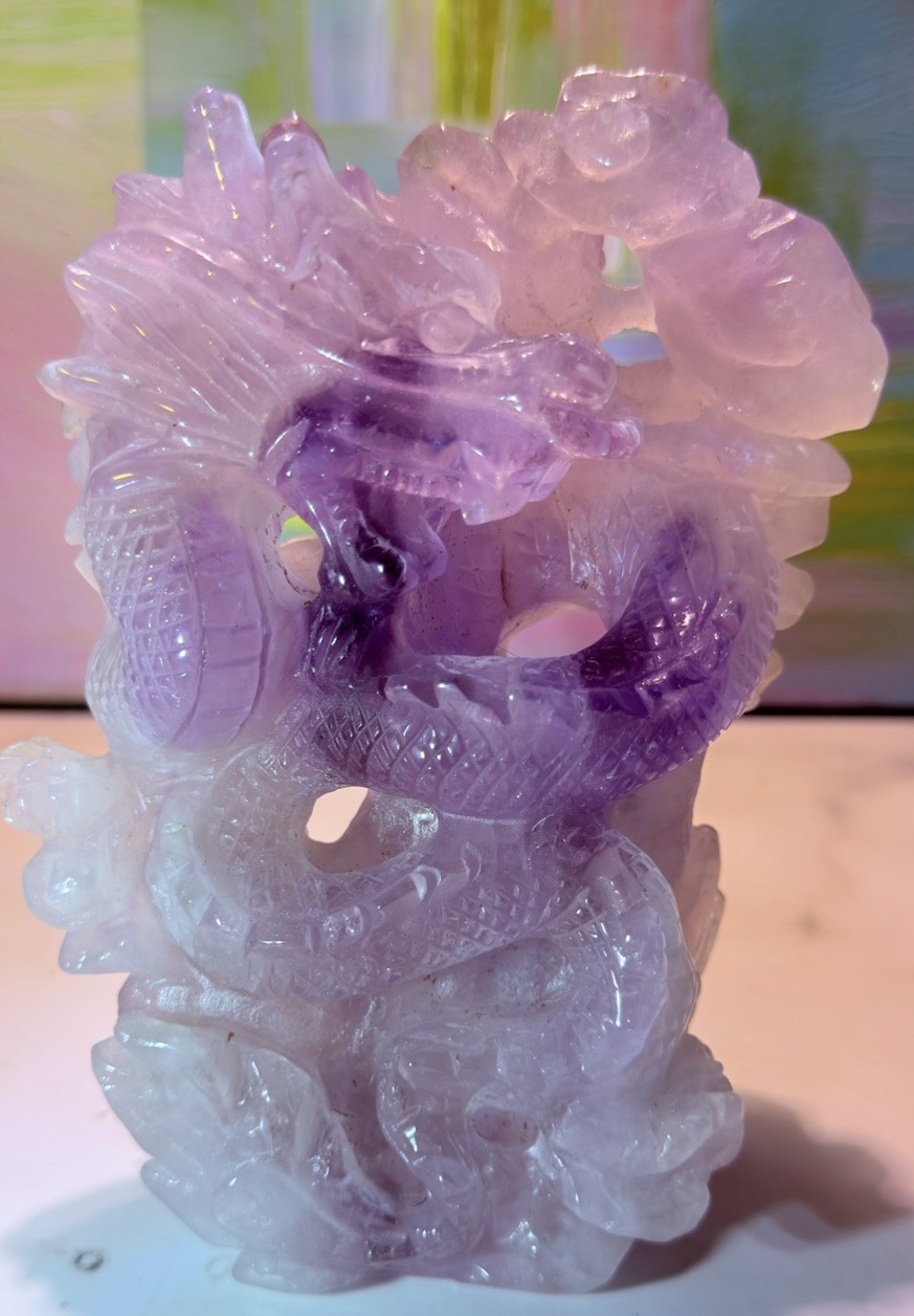 Purple Carved Crystal Dragon Sculpture Mineral Display Specimen Statue 6 in Tall