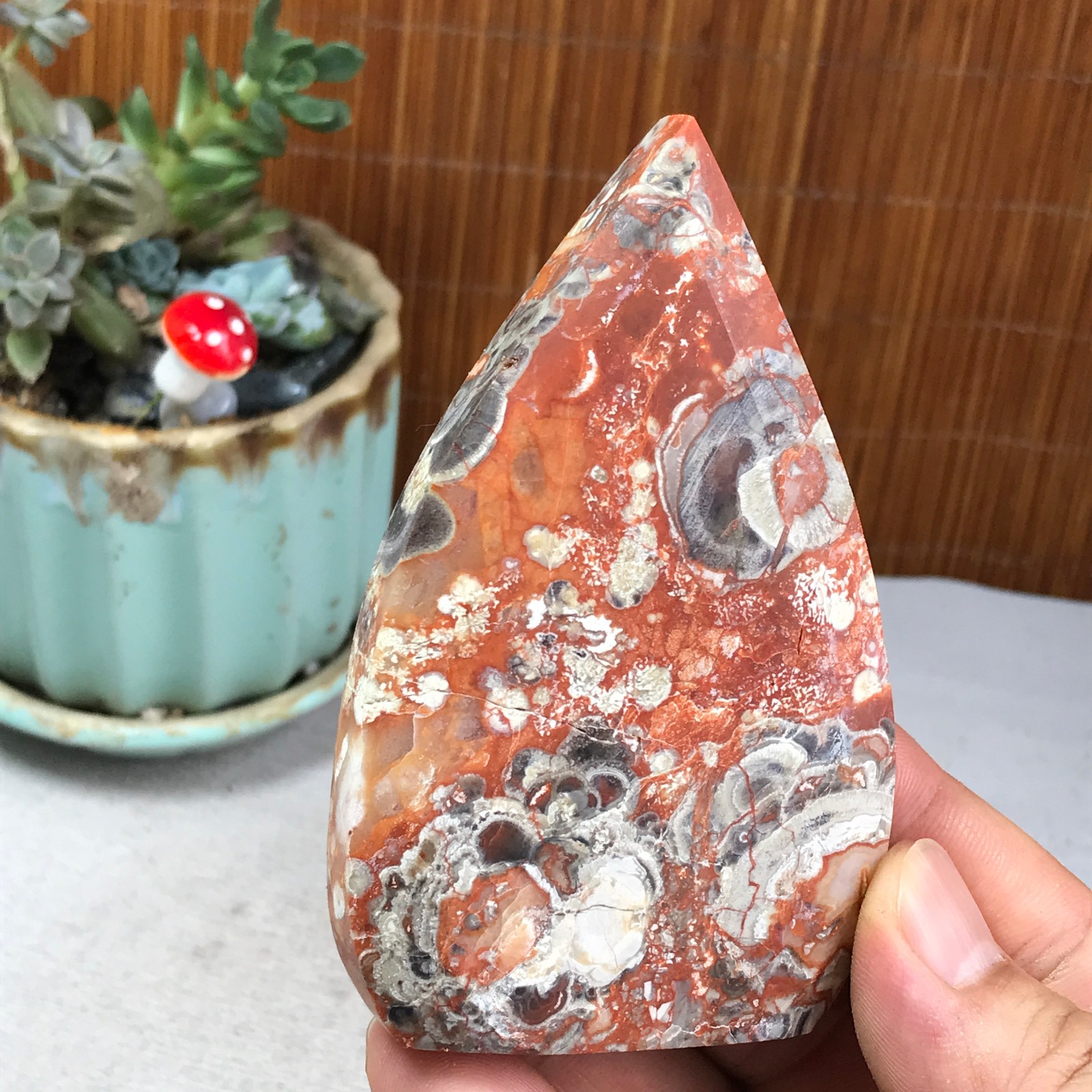 Natural money Mexico agate hand carve leaf Crystal Specimen free standing A6256