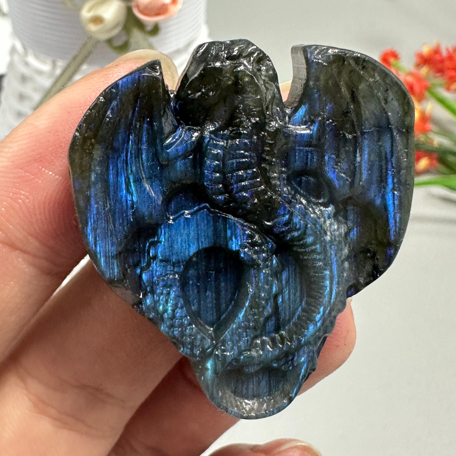 Natural Labradorite Carved dragon Quartz Skull Crystal Specimen Healing 1PC