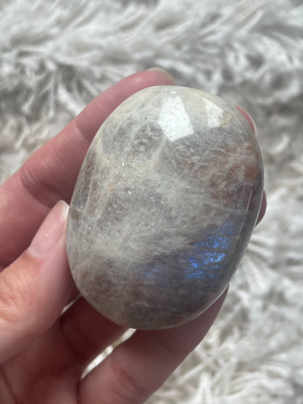 Rainbow Moonstone with Sunstone Palmstone, Medium – Blue & Silver Flashes (MZ)