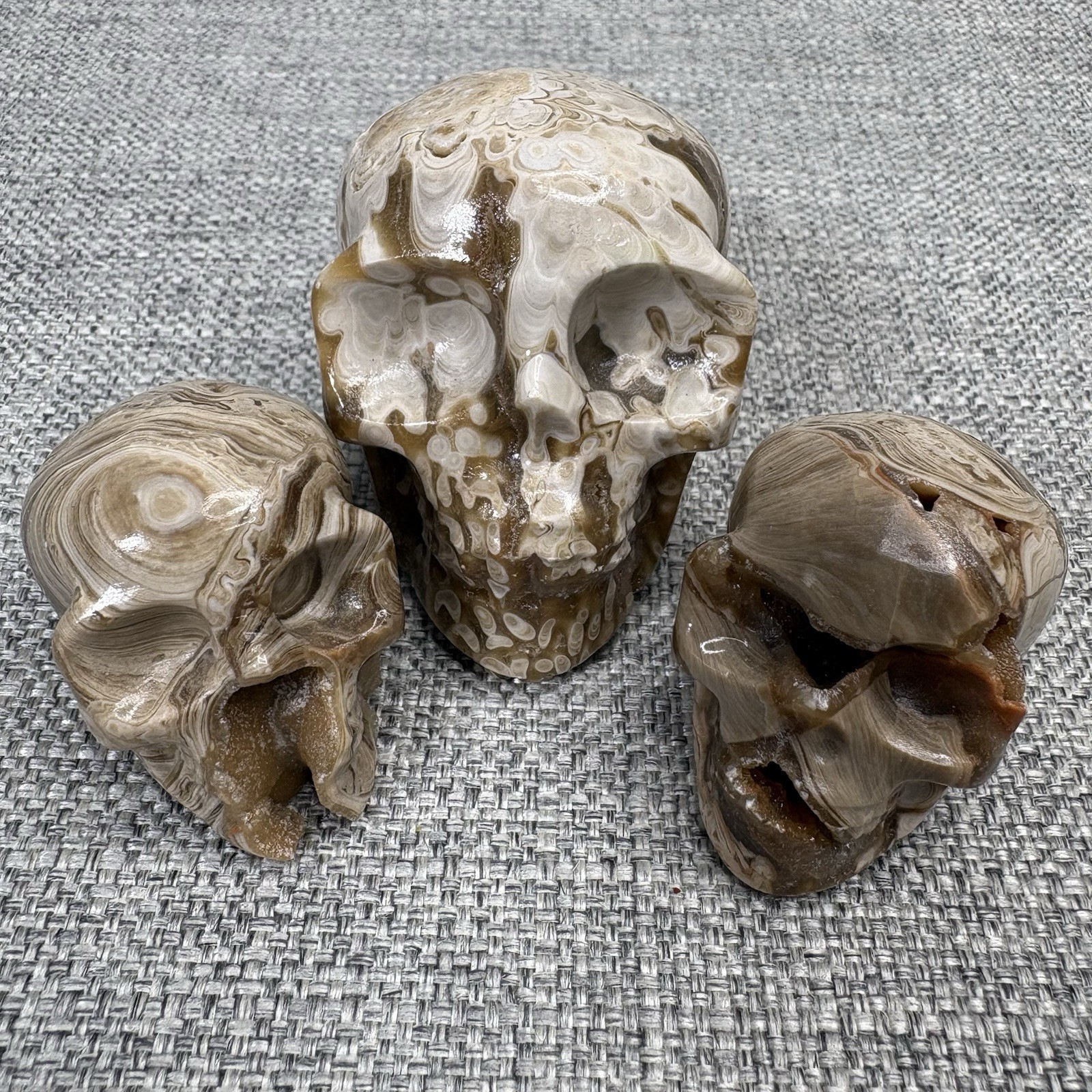 Amber Agate Crystal Skull Set 3pc Druzy Hand Carved Polished Stone Brown