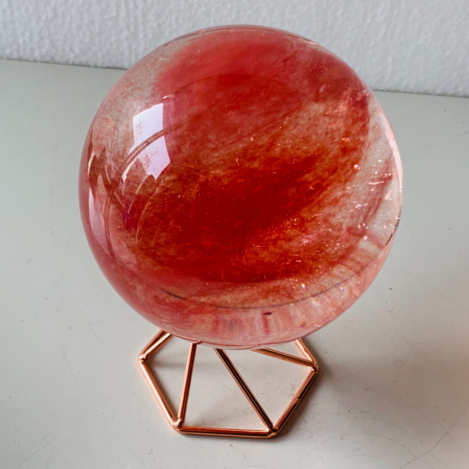 1.5LB Red Smelting Stone Quartz Sphere Crystal Energy Ball Reiki Gem+stand A22
