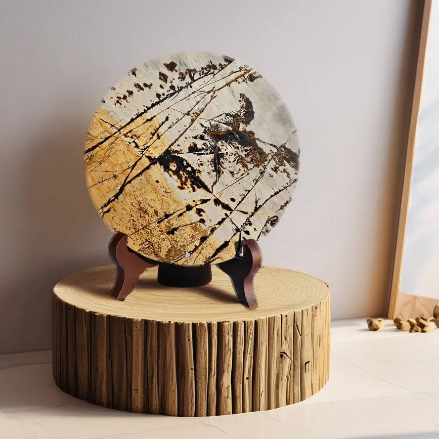 Picture Jasper Round Slice 5in Polished Landscape Stone Disc Display Shelf Decor