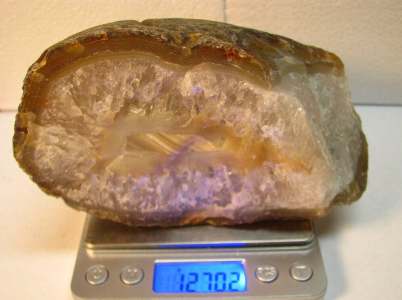 2.8lbs 1270g 6in LARGE QUARTZ AGATE BRAZIL W/CALCITE CENTER-NOT POLISHED #137