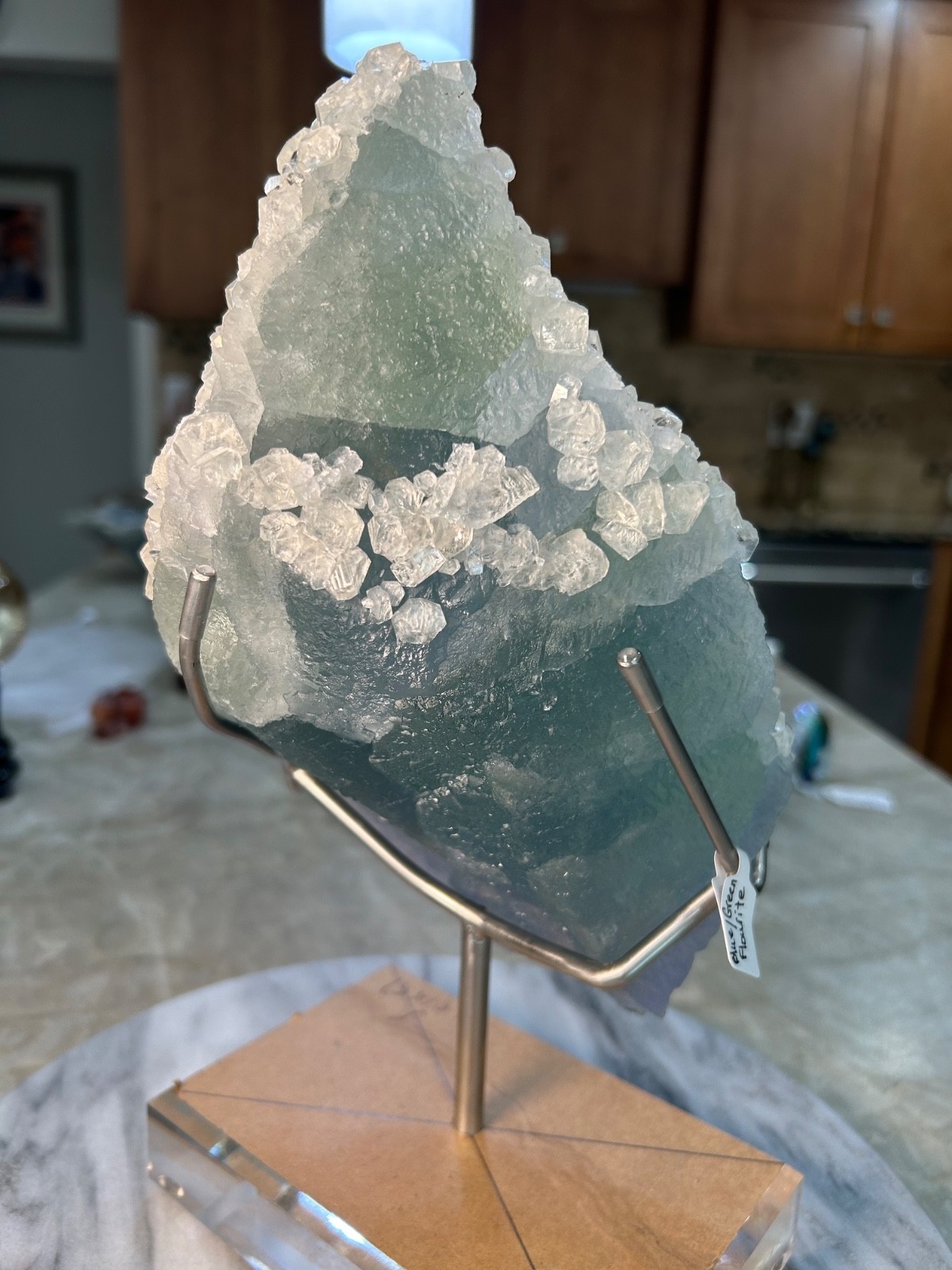 Blue, Green Fluorite Calcite specimen Freeform on acrylic stand UV reactive