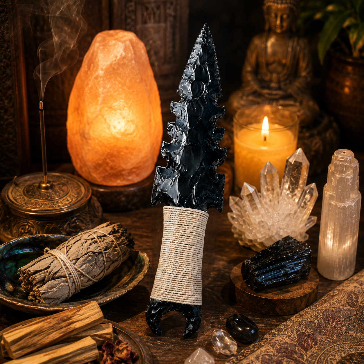 Handmade Black Obsidian Crystal Knife 10″ Flint Knapped Ritual Athame Gift