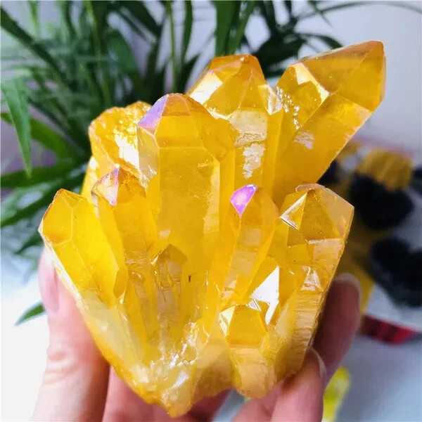 Natural Aura Angel Citrine Yellow Crystal Titanium Quartz Point Cluster Specimen