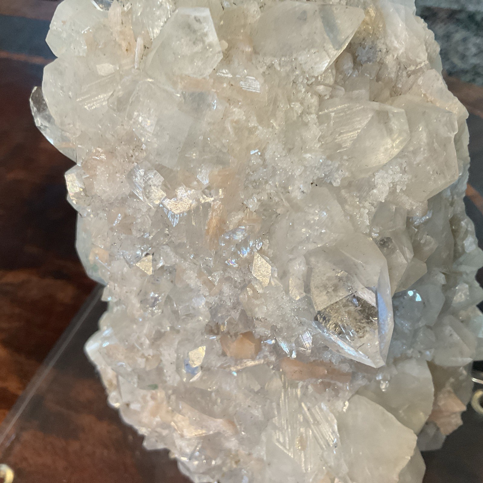 Large Quartz Crystal Cluster w/ White & Peach Minerals Lucite Display 7.5” Tall