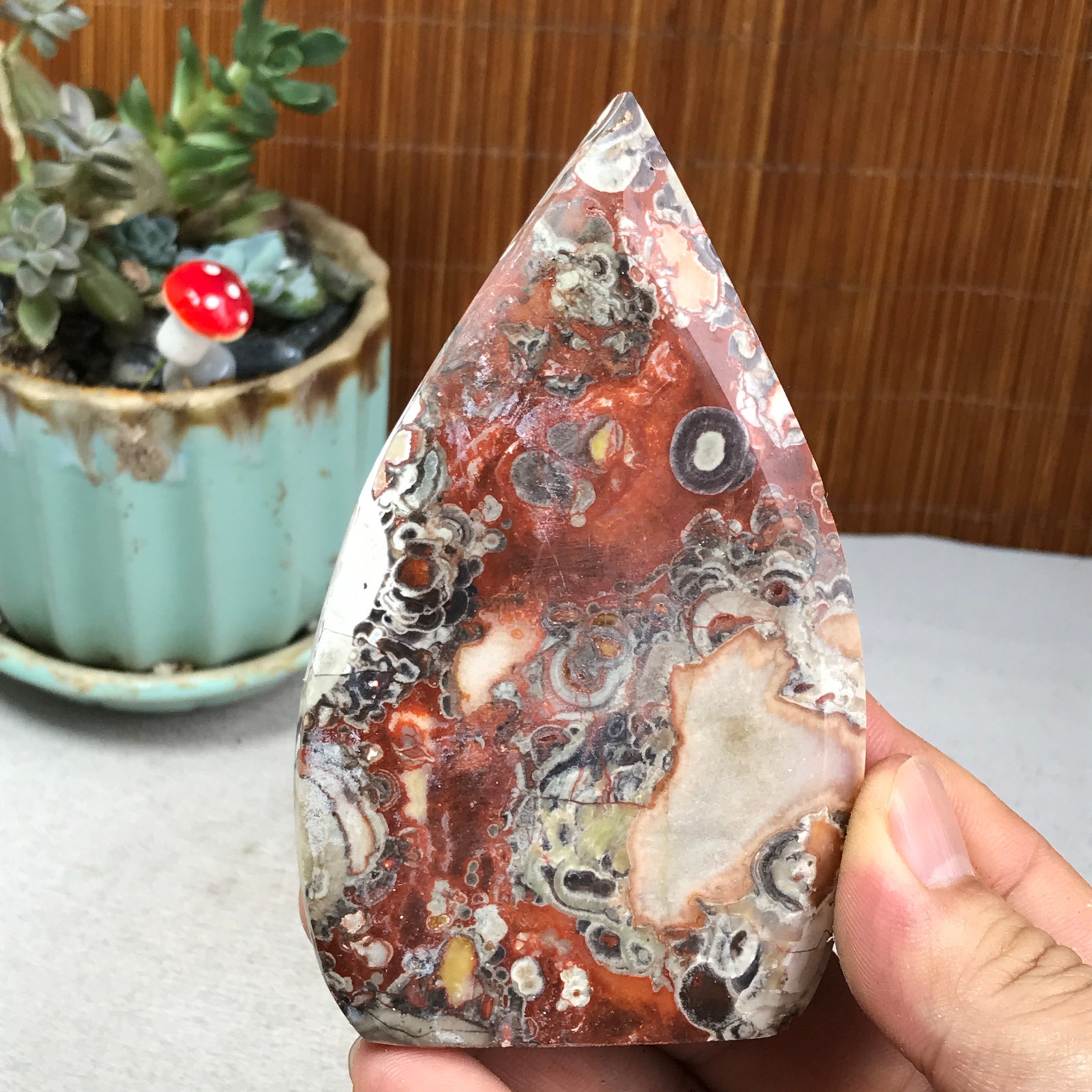 Natural money Mexico agate hand carve leaf Crystal Specimen free standing A6260