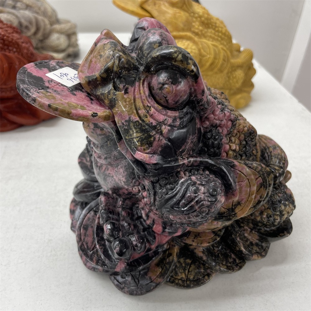 10.6LB 6.5″A+Natural Rhodonite Money Toad Crystal Hand Carved Statue Hand Carved