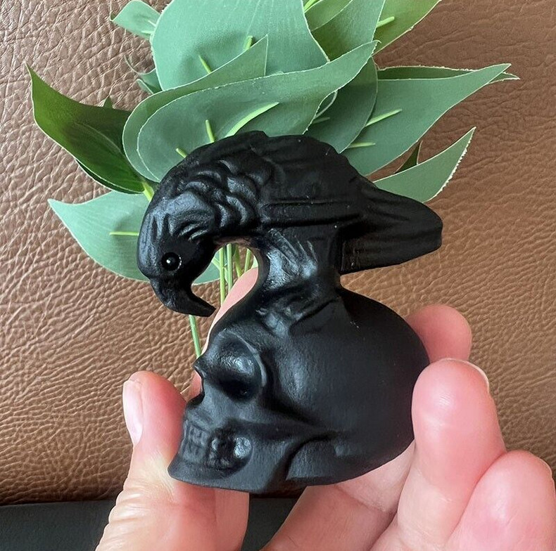 TOP ! Natural Hand Carved Obsidian Crow Skull Crystal Quartz Reiki Healing 1PC