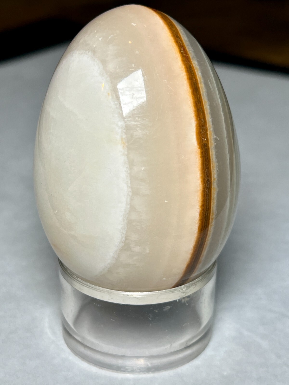 Vintage Natural Gemstone Onyx Agate Carved Polished Stone Egg Plastic Base Stand
