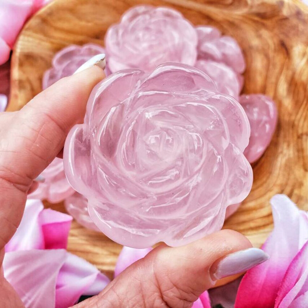 2″ Natural Rose Quartz Flower Rose Hand Carved Crystal Skull Reiki Healing