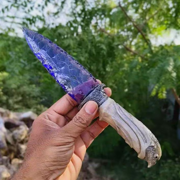10″ Amethyst Glass Crystal Knife Handcrafted Ritual Athame Ornate Eagle Handle