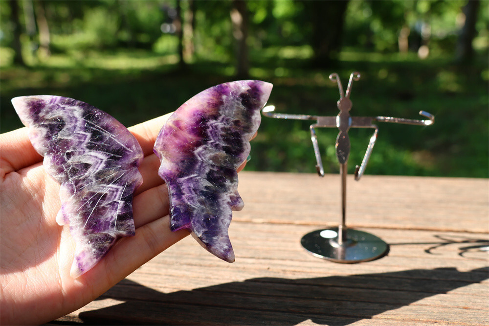 5.2” A pair Natural Dream Amethyst Butterfly Wing Reiki Crystal Skull Decor