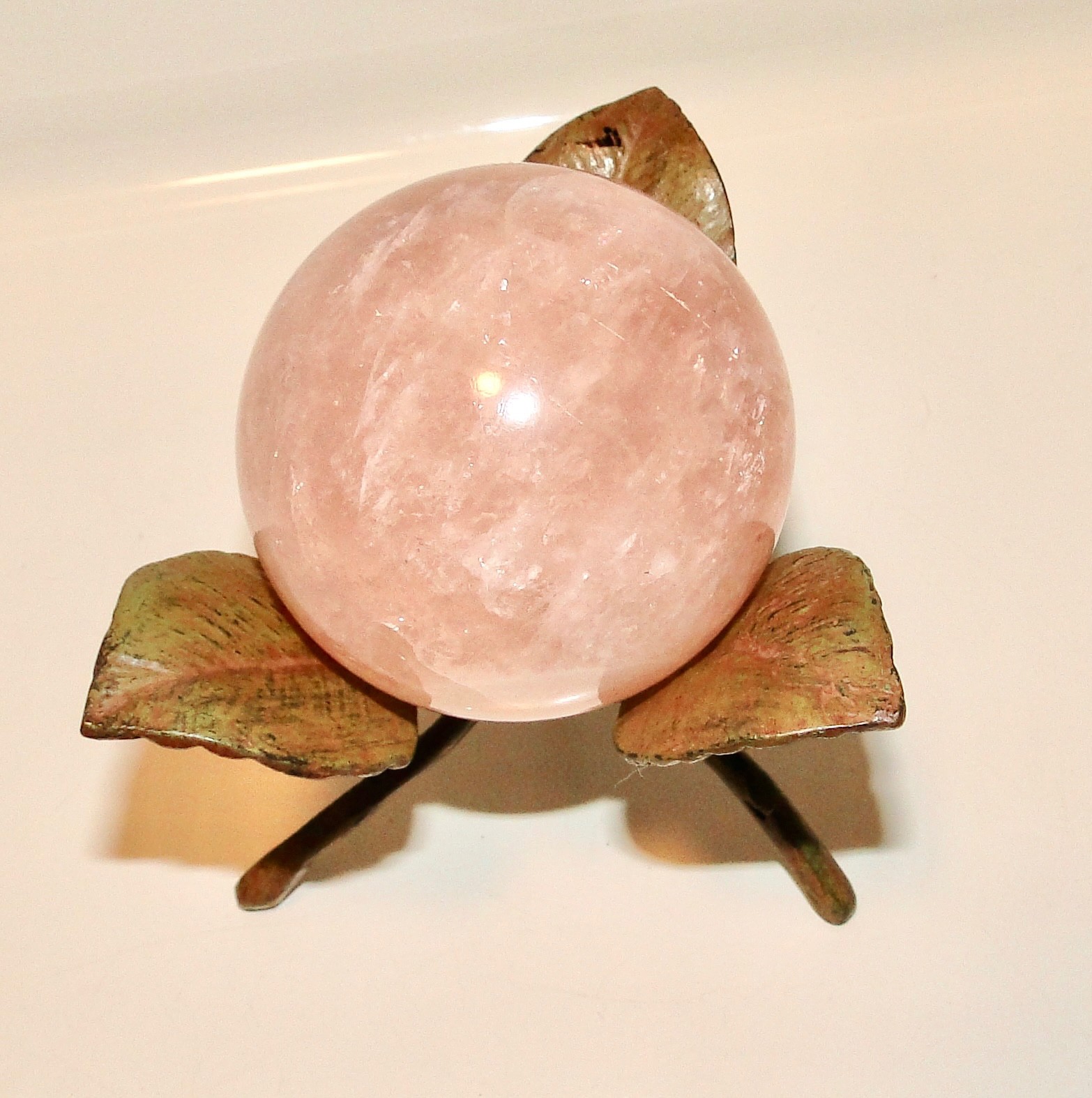 Pink ROSE QUARTZ ORB Ball Sphere + Brown Metal TWIG STAND 4 3/4″ Tall