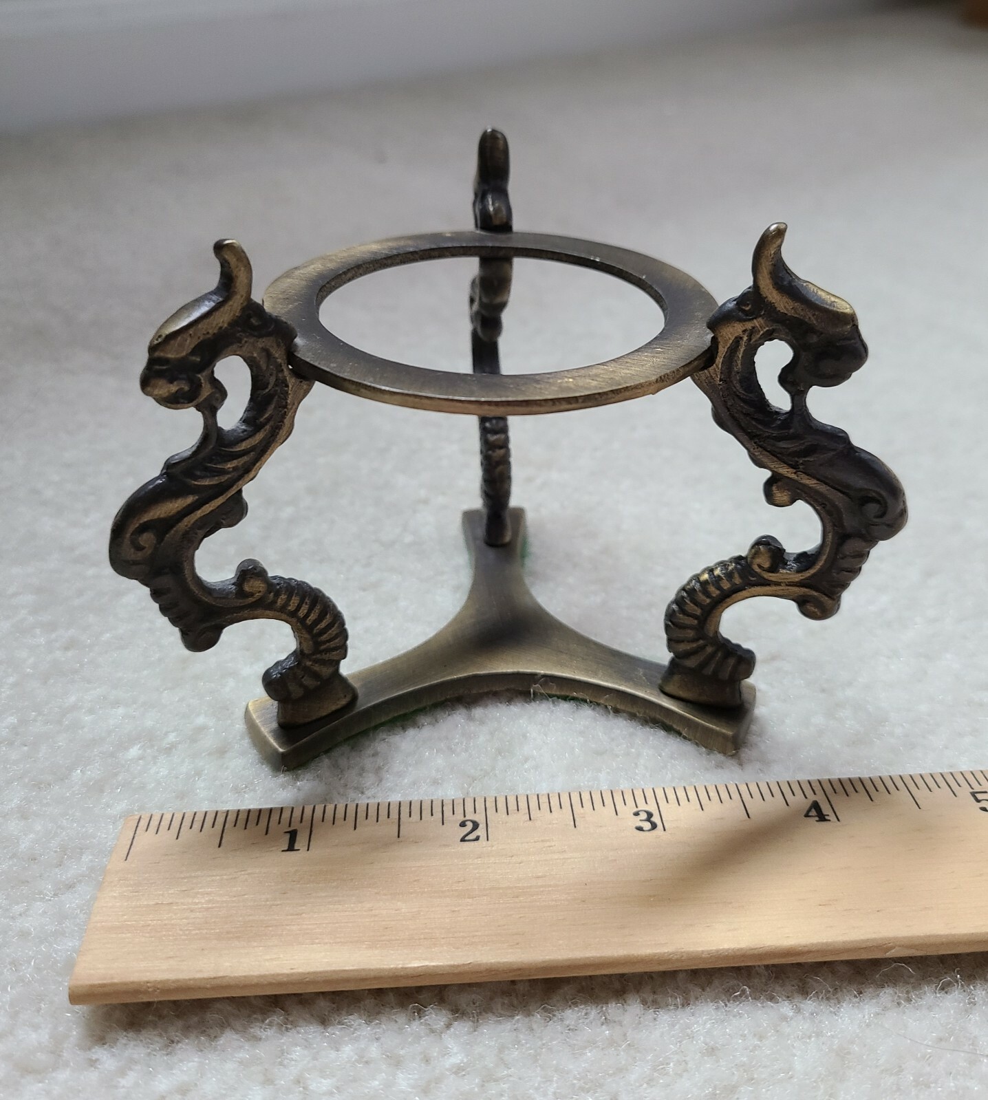 Clear Crystal on Brass Dragon Stand No Chips Not Round has Flat Bottom 3″