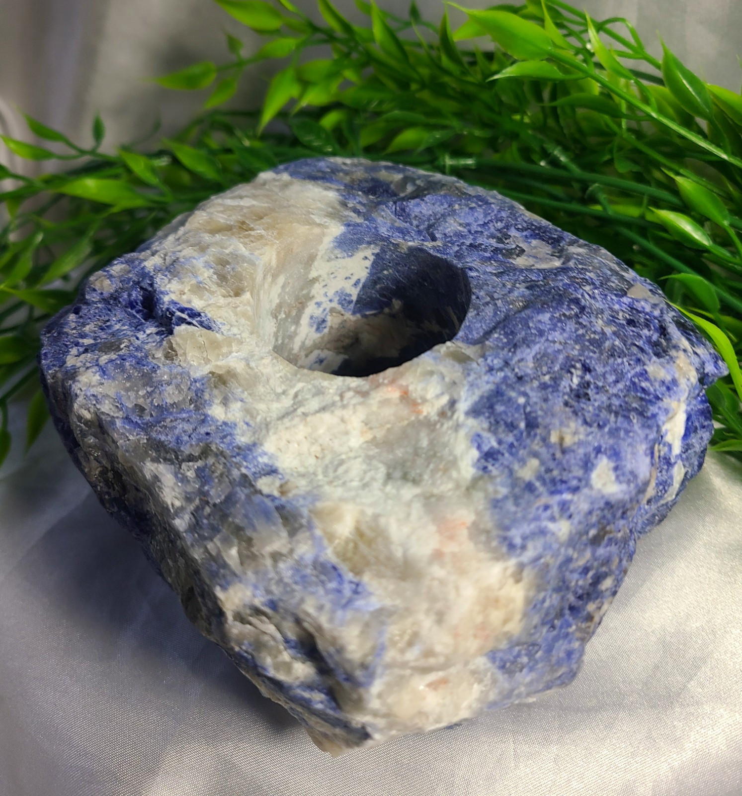 Large Raw 2lb UV Reactive Sodalite Stone Candle or Sphere Holder Tea Light Stand