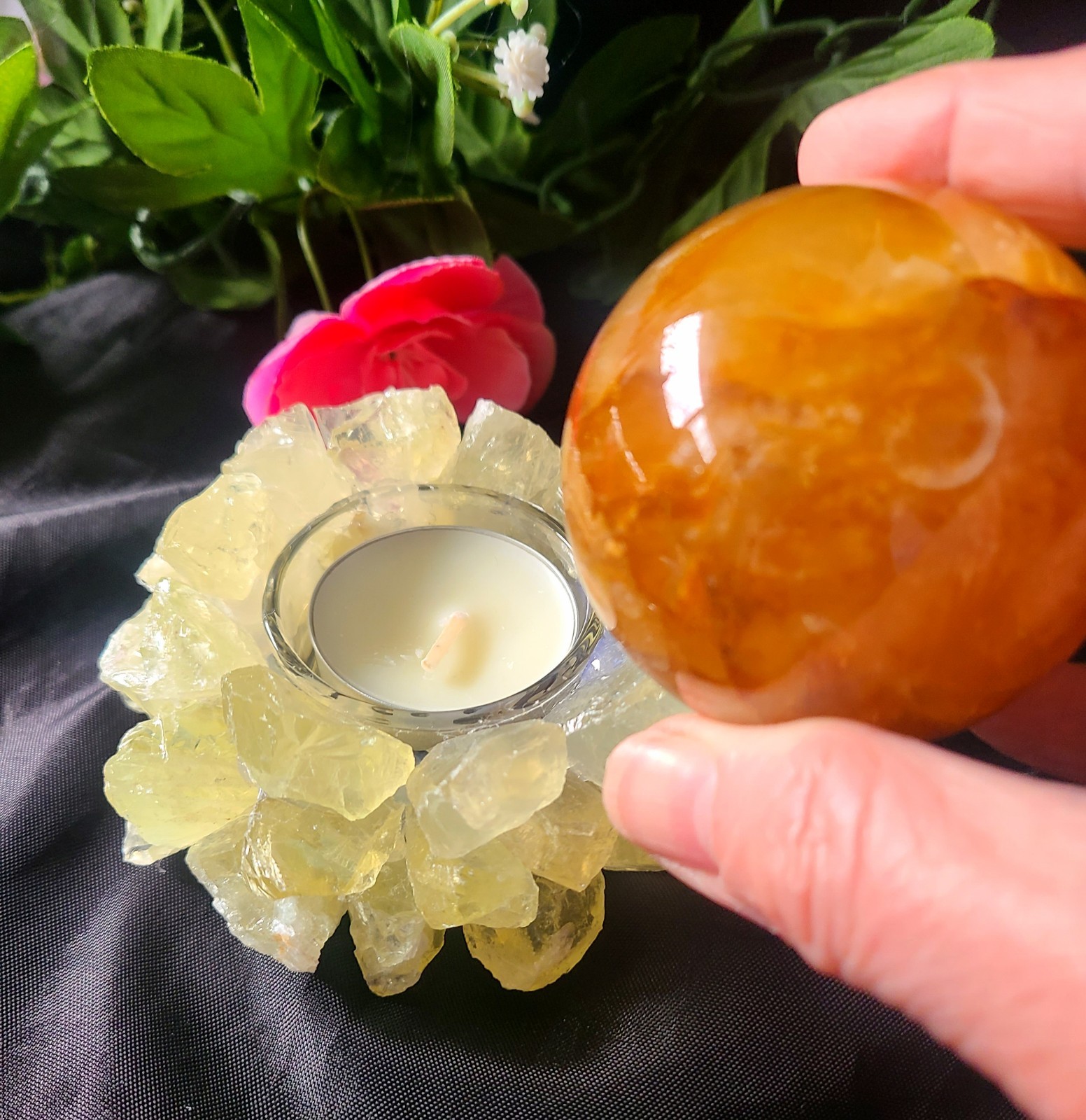 Large 4″ Pretty Citrine Quartz Tea Light or Sphere Stand Crystal Ball Holder