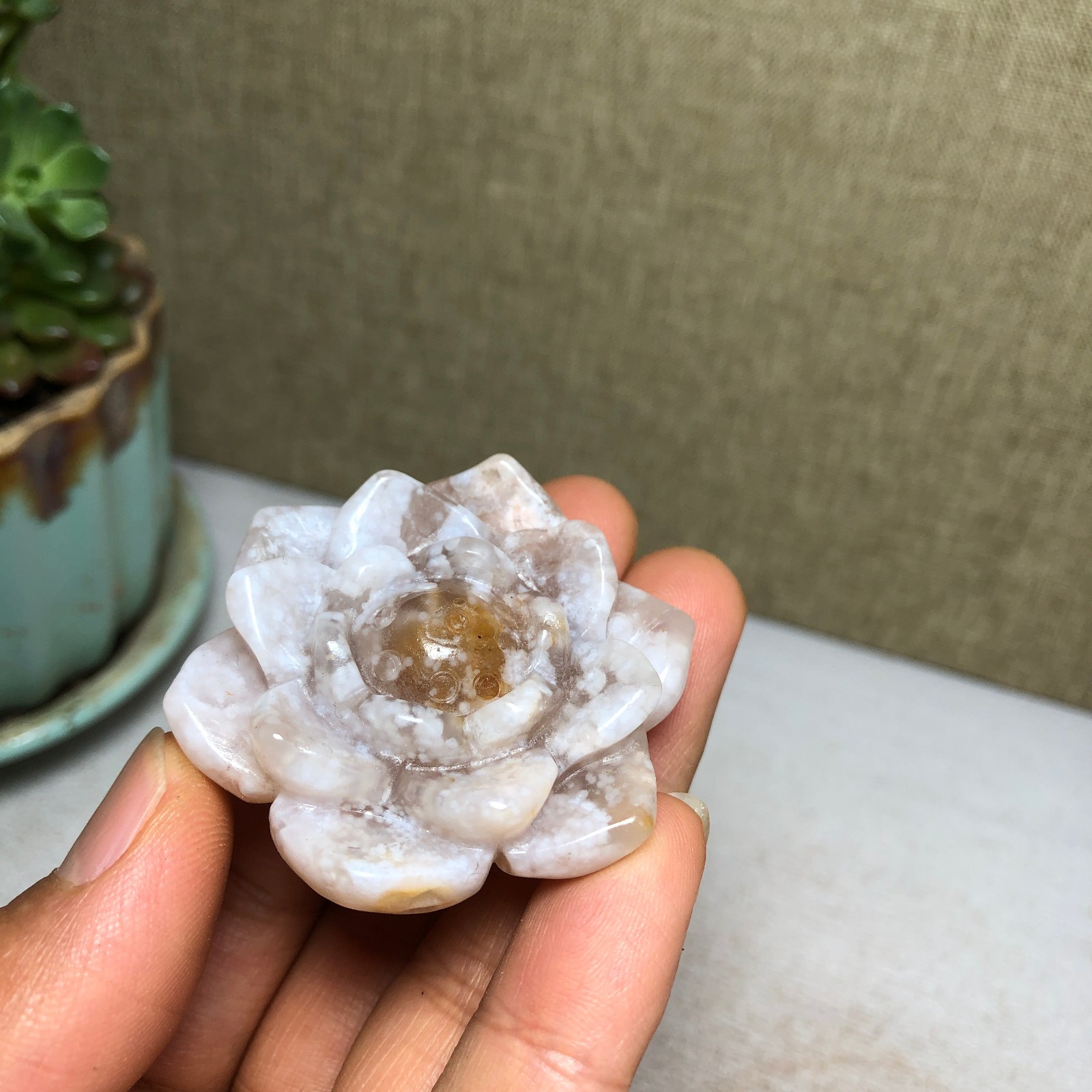 44mm Natural cherry blossom agate Hand carved flower Crystal specimens 38g A4456