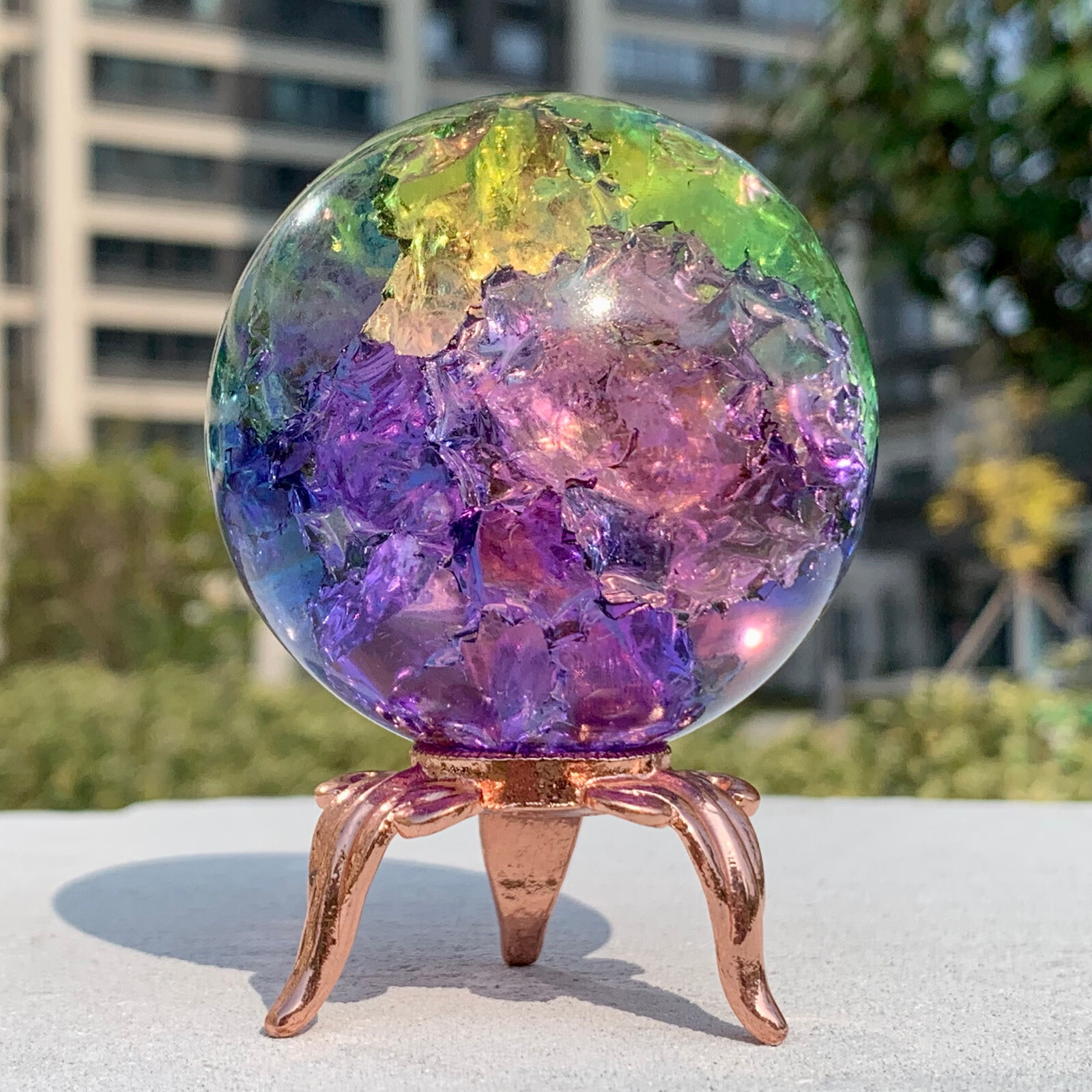 279G Natural Titanium Rainbow Quartz sphere Crystal ball Healing+stand