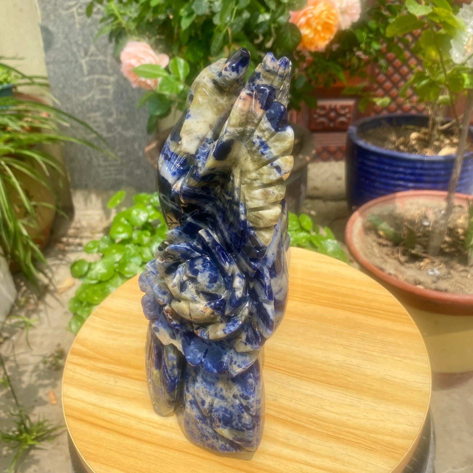 6.61LB Natural Blue Vein Stone Phoenix Carving, Home Decoration