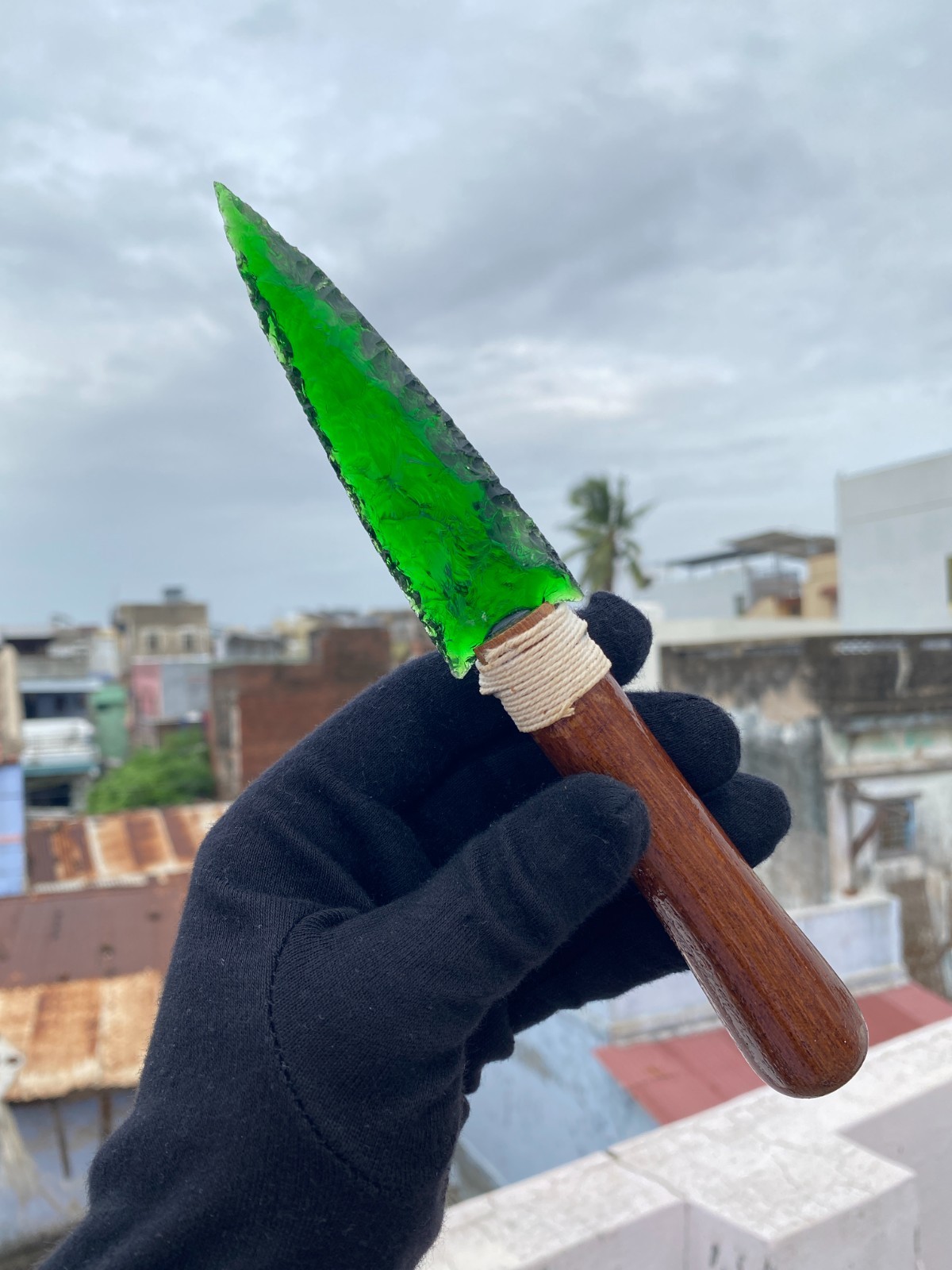 Handmade Green Obsidian Knife | Primitive Stone Blade | Wood Handle