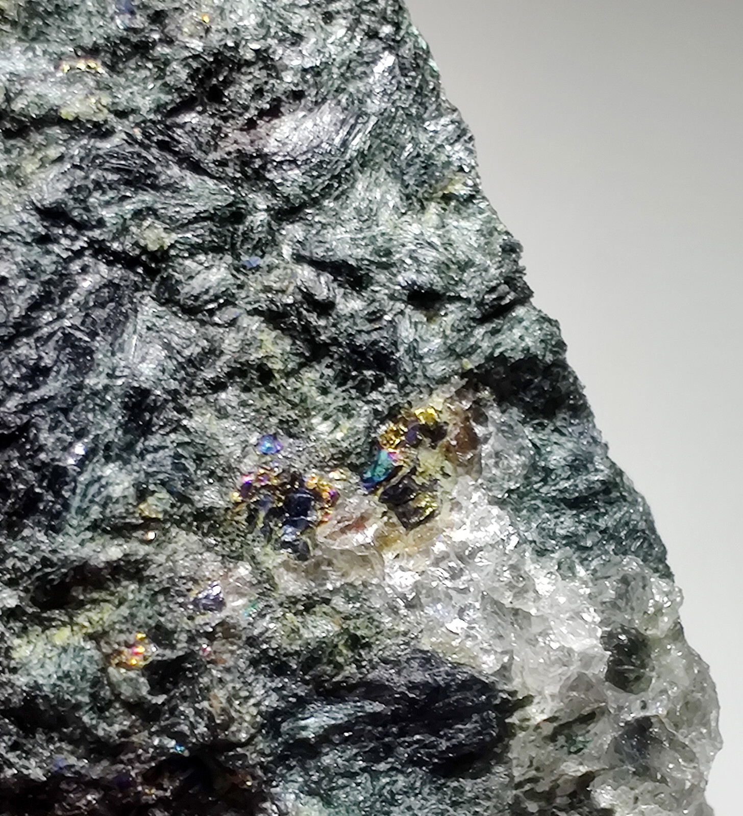 Magnetite, Chalcopyrite etc, on Quartz. Mineral Hill Mine, Maryland. 68 grams.