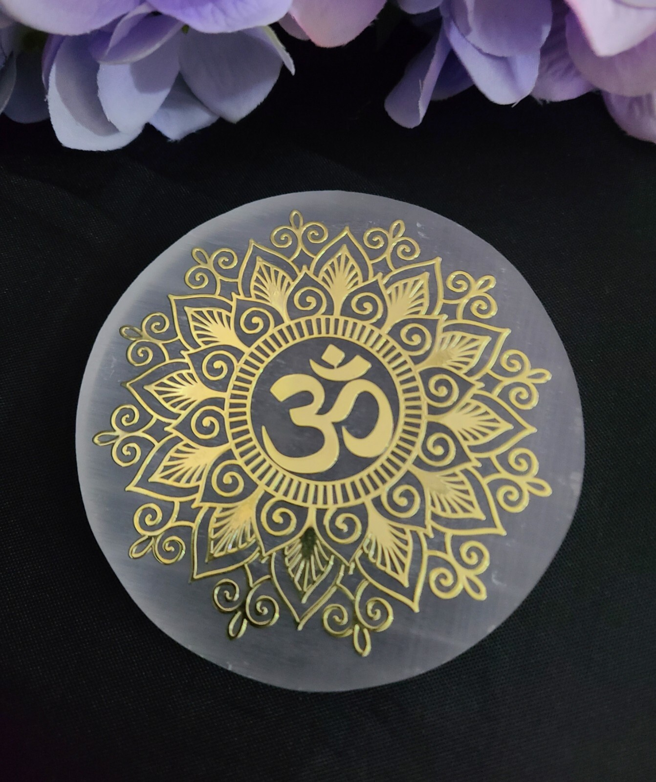 Large 3.3″ Selenite Charging Plate Disc Gold Engraved Lotus OHM Crystal Carving