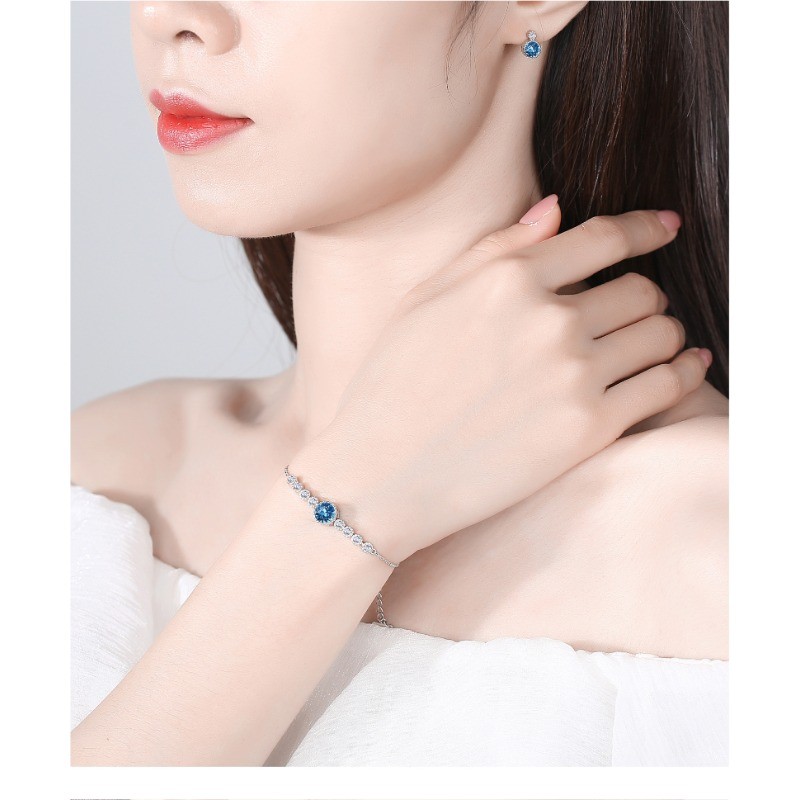 Elegant Ocean Heart Crystal Beaded Bracelet 925 Sterling Silver Ladies Ornament