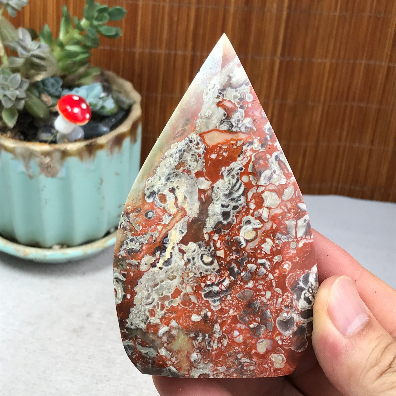 Natural money Mexico agate hand carve leaf Crystal Specimen free standing A6262