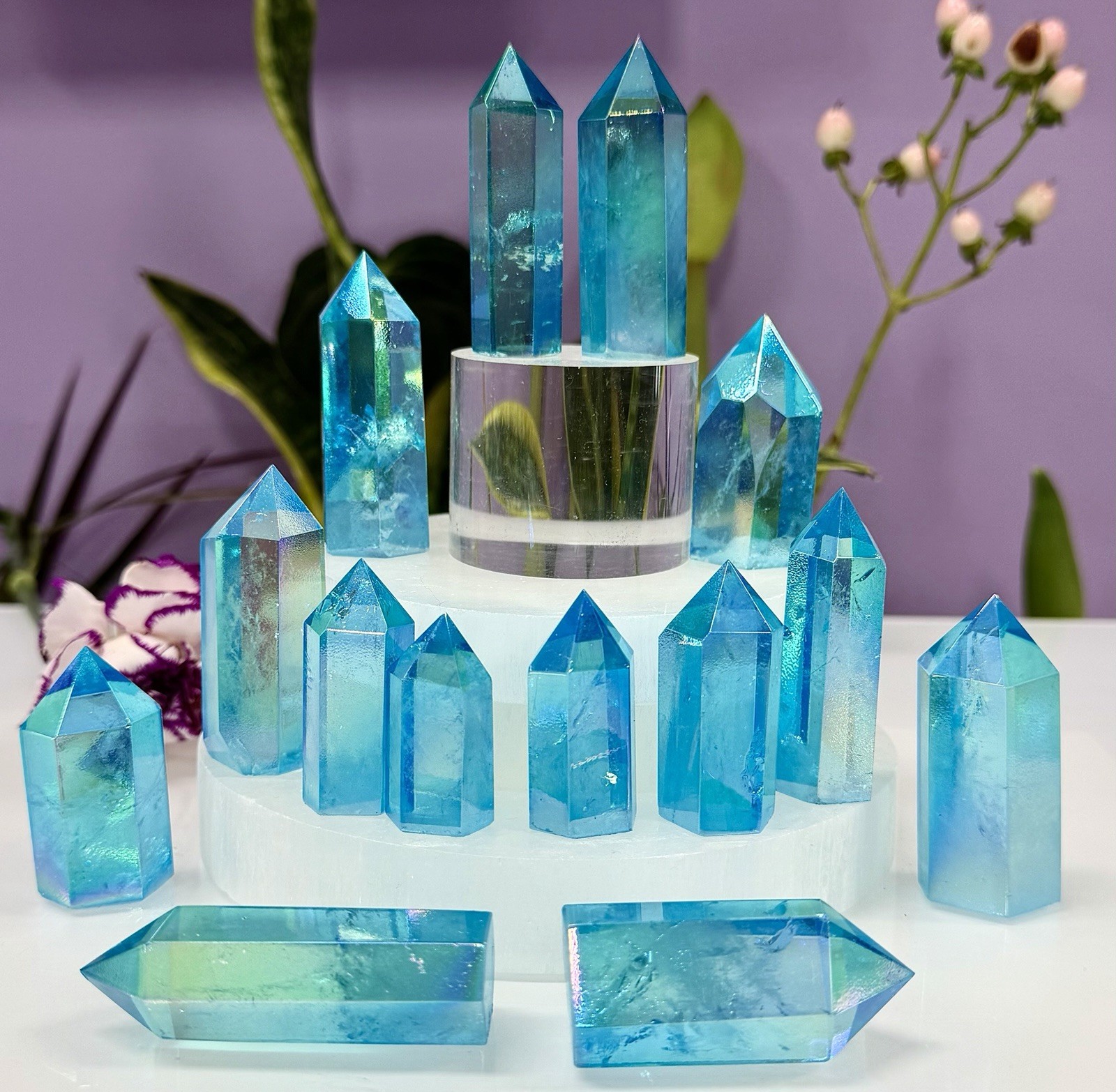 Wholesale Lot 1 Lb Aqua Aura Clear Quartz Obelisk Tower Point Crystal Energy