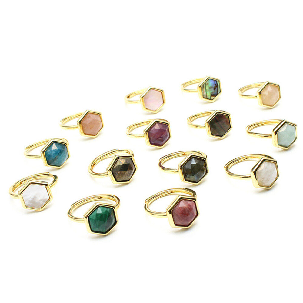 Natural Hexagonal Crystal Ring Chakra Stone Quartz Geometric Healing Reiki Gifts