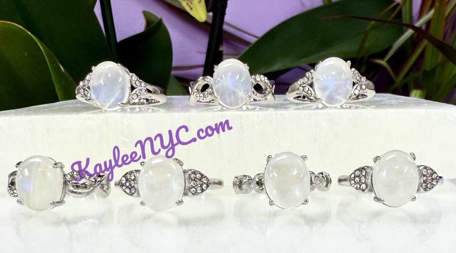 Wholesale Lot 7 Pcs Natural Moonstone Stainless Steel Rings(316) Crystal 8x10mm