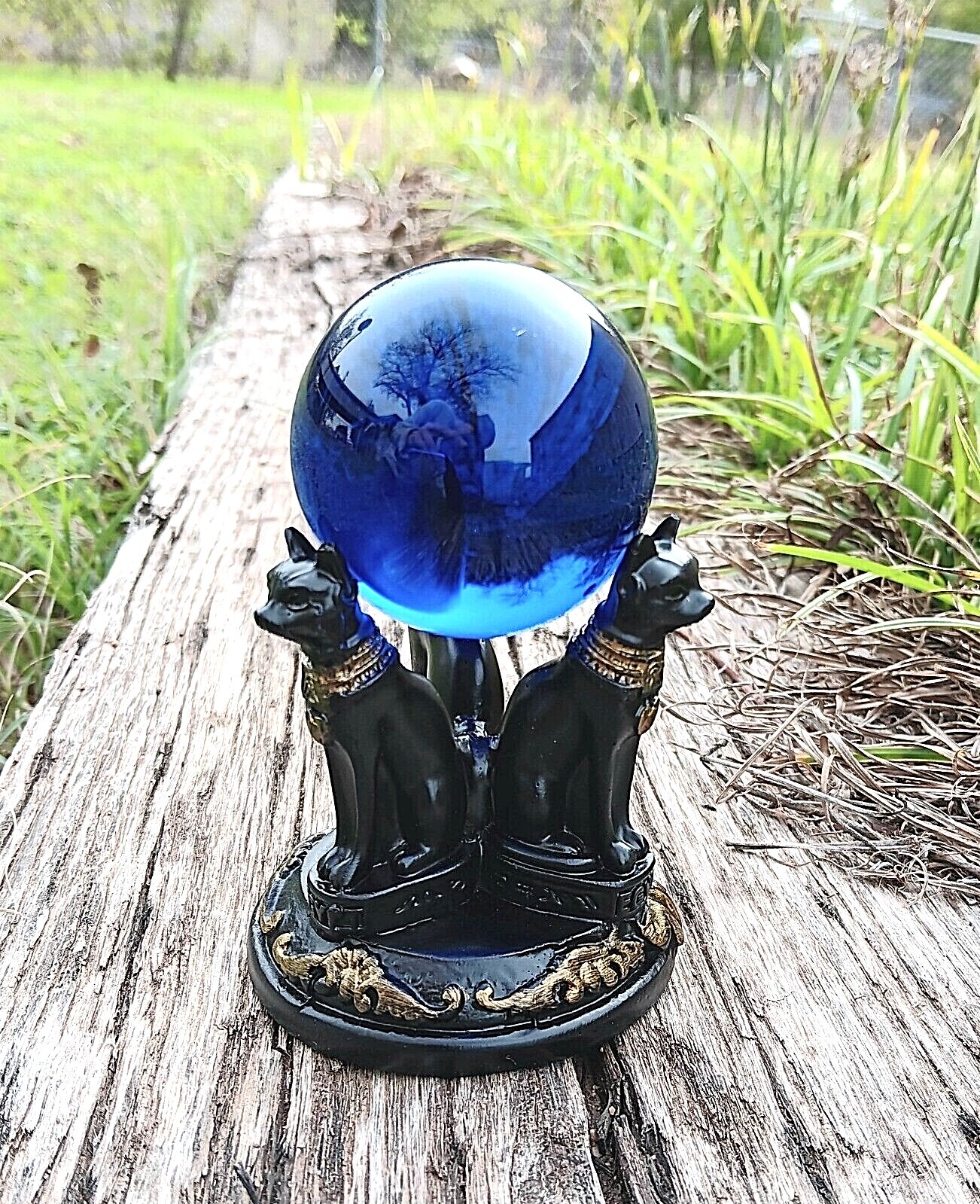 K9 50mm Crystal Ball & Egyptian Bastet Cat Resin Stand – 8 Colors