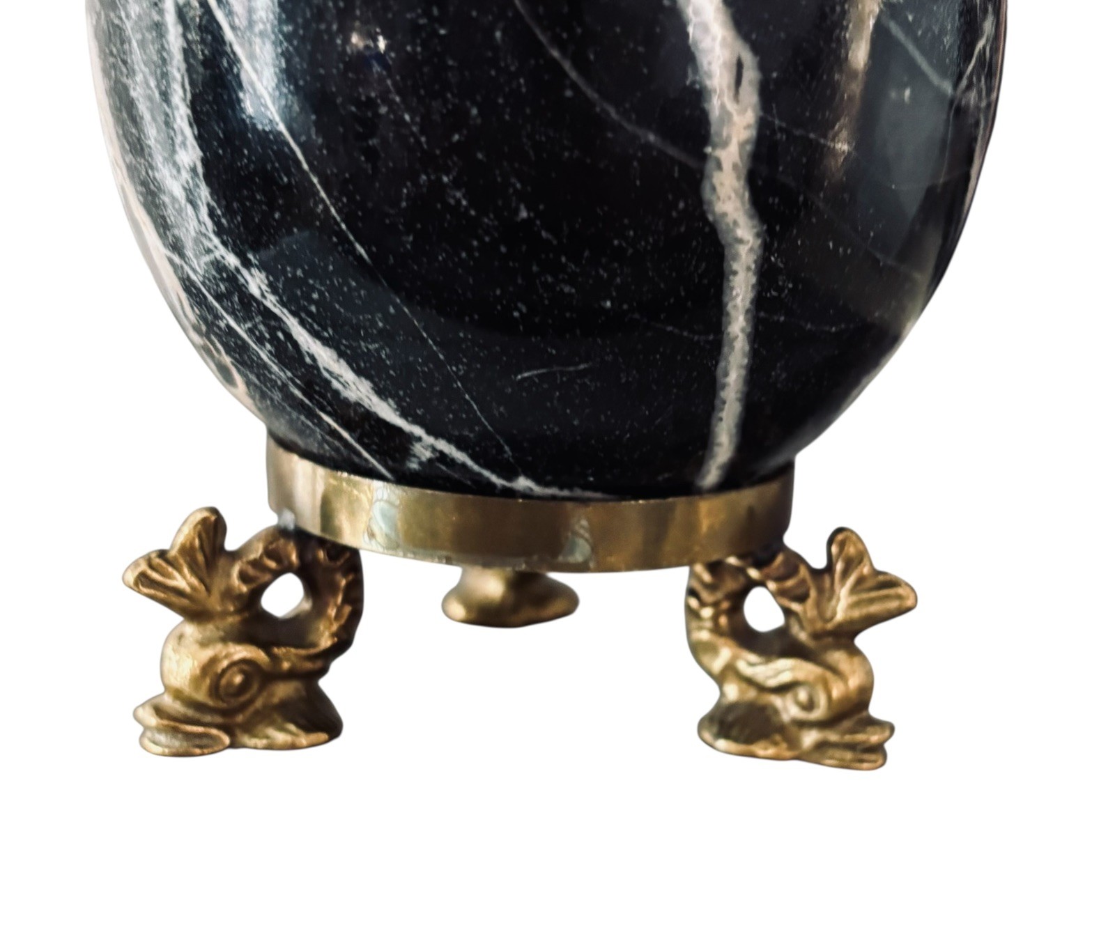 BLACK ZEBRA MARBLE EGG, BRASS DOLPHIN TRIPOD STAND, 5.5″Hx2.5″W, 1 LB 14 OZ