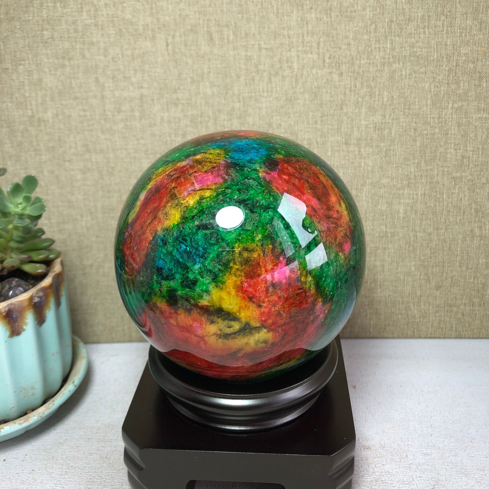 Natural “Seven Colors Jade” sphere flat bottom specimen Taiwan China 99mm A4578