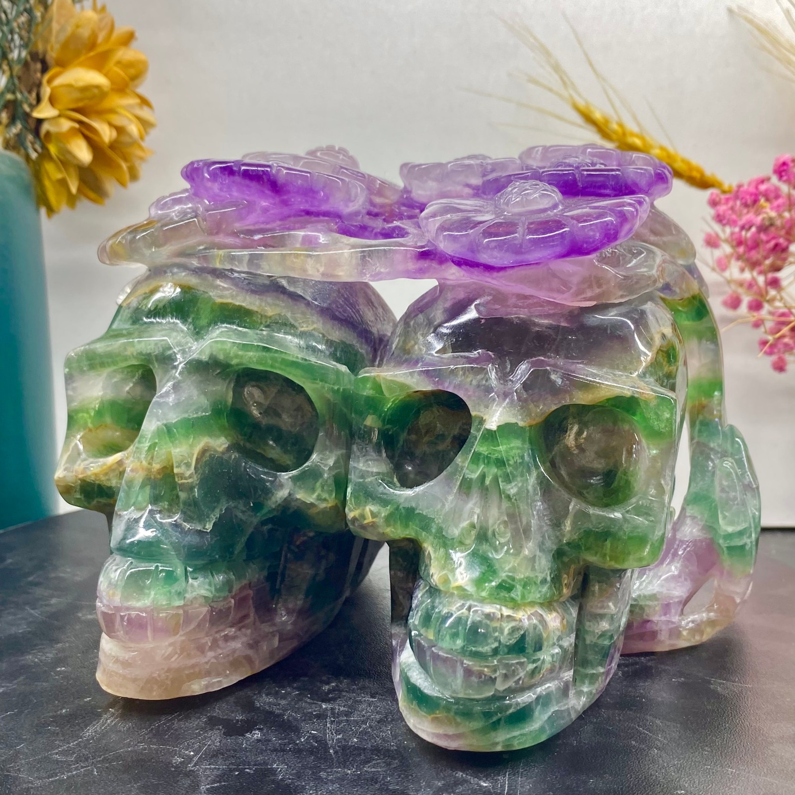7.05LB Natural fluorite skull quartz hand carved crystal skull healing