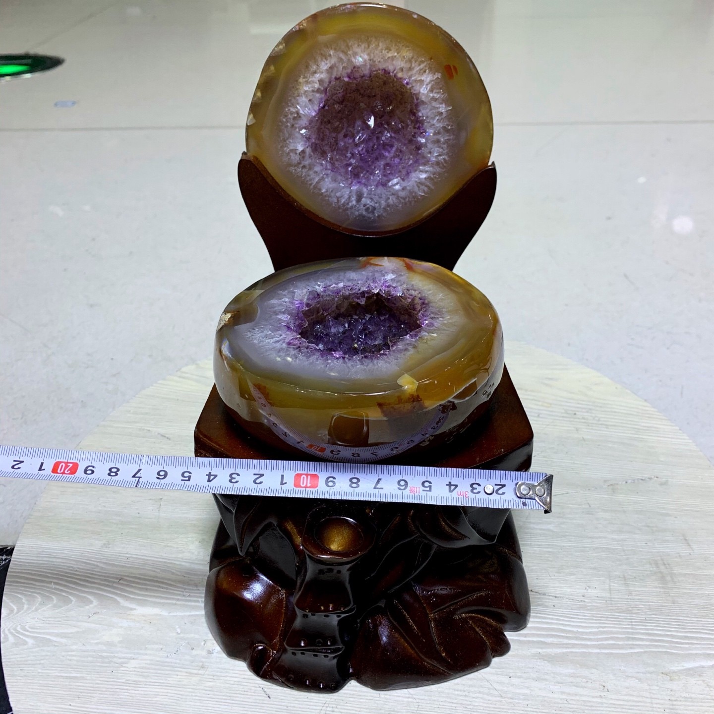 Agate Amethyst Crystal Geode Treasure Bowl with Wood Stand Healing Decor