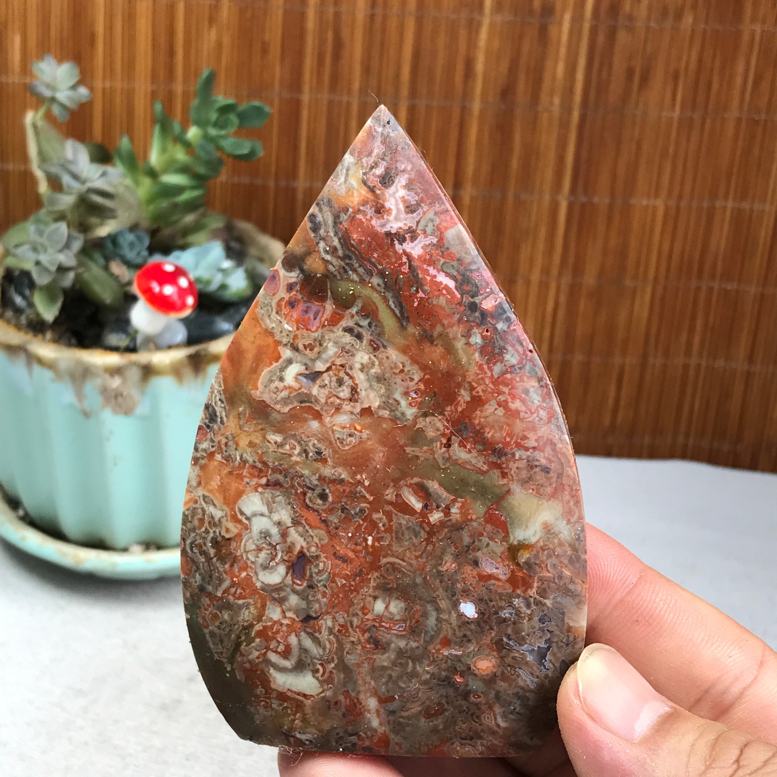 Natural money Mexico agate hand carve leaf Crystal Specimen free standing A6274