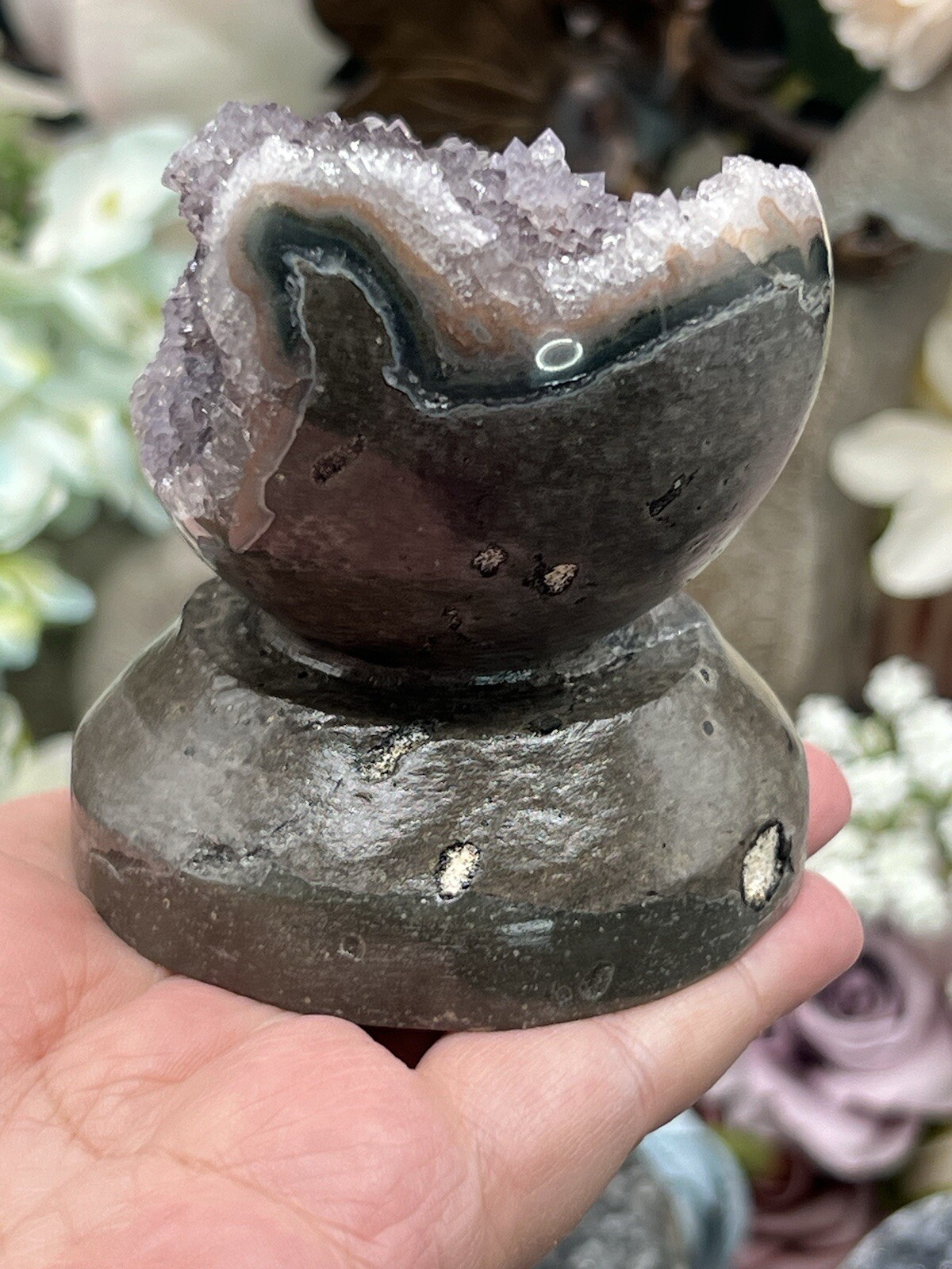 Natural Sugar Druzy Amethyst Geode Carved standing Spheres L@@K Free ship & Gift