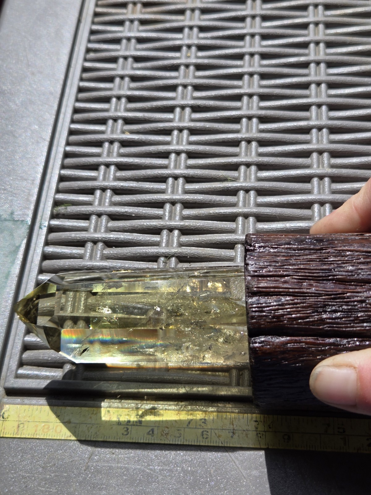 Large Natural Citrine Tower Point with Golden Inclusions on Wood Stand