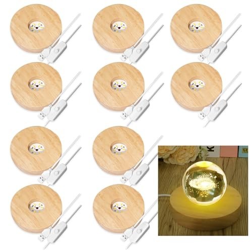 10 Pcs Round Wooden LED Display Bases for Glass Art & 3D Crystal Balls – Lighted