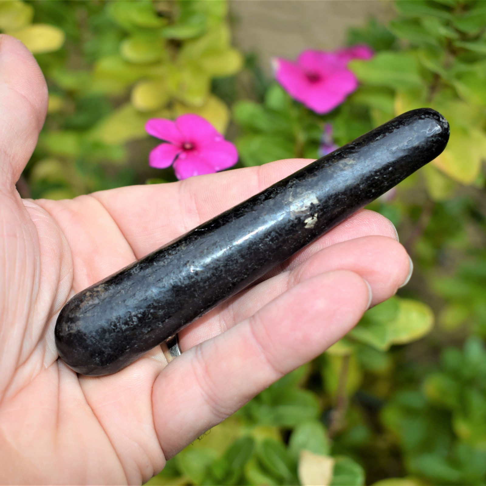Charged 4″ Starburst Flash Nuummite Crystal Massage Wand + Selenite Heart ~70g