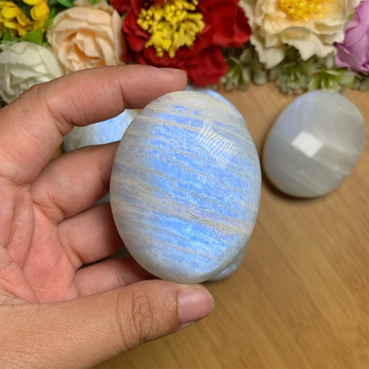 2″ Large Moonstone Palm Stone High Flash Mineral Specimen Crystal Healing Gifts