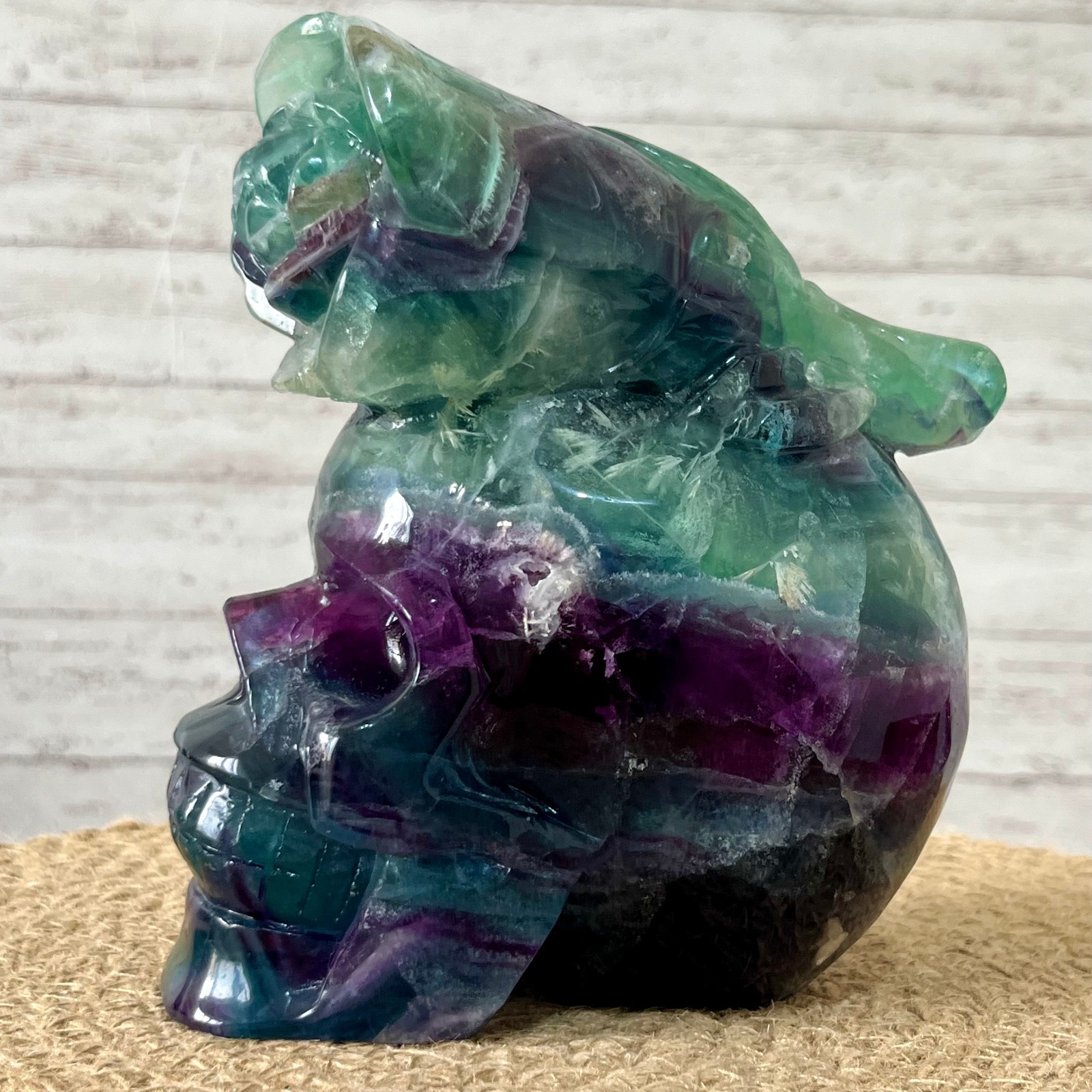 Fluorite Skull Carving with Rose Top – Natural Crystal Healing Decor Gift 3.9 lb