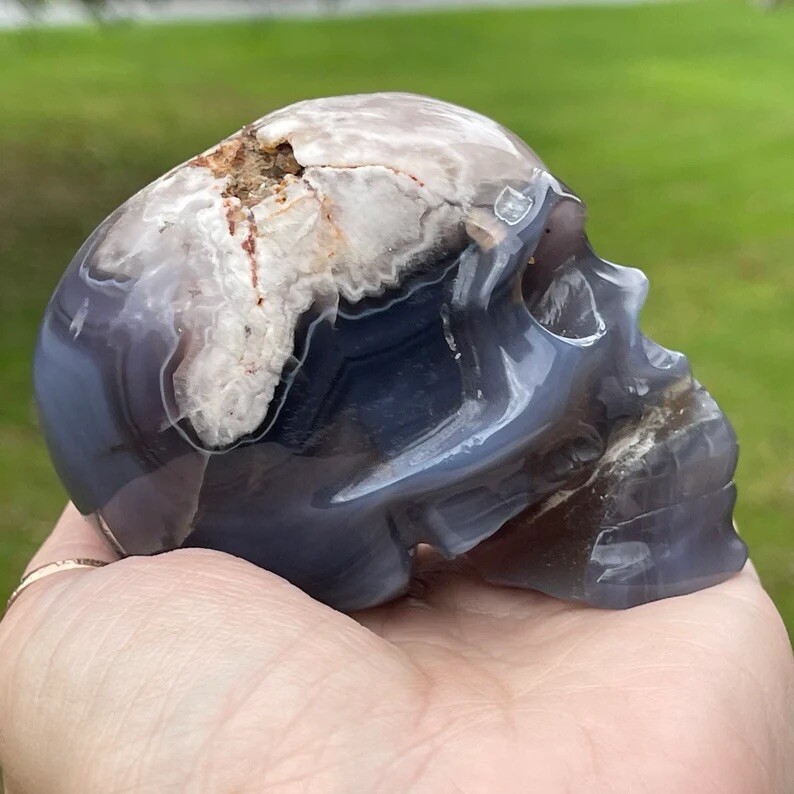 Natural Black Flower Agate W/Pink Amethyst Large Crystal Skull Gothic Home Decor
